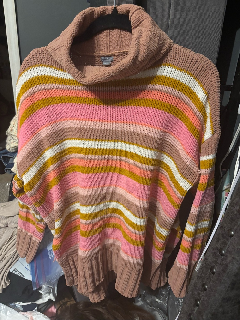 aerie Striped Cowl Neck Sweater in Mauve Pink, Olive & Cream